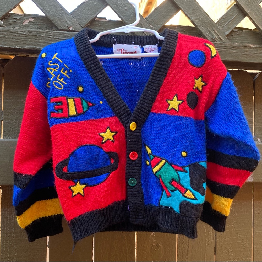 Vintage Colorful Space-Themed Cardigan